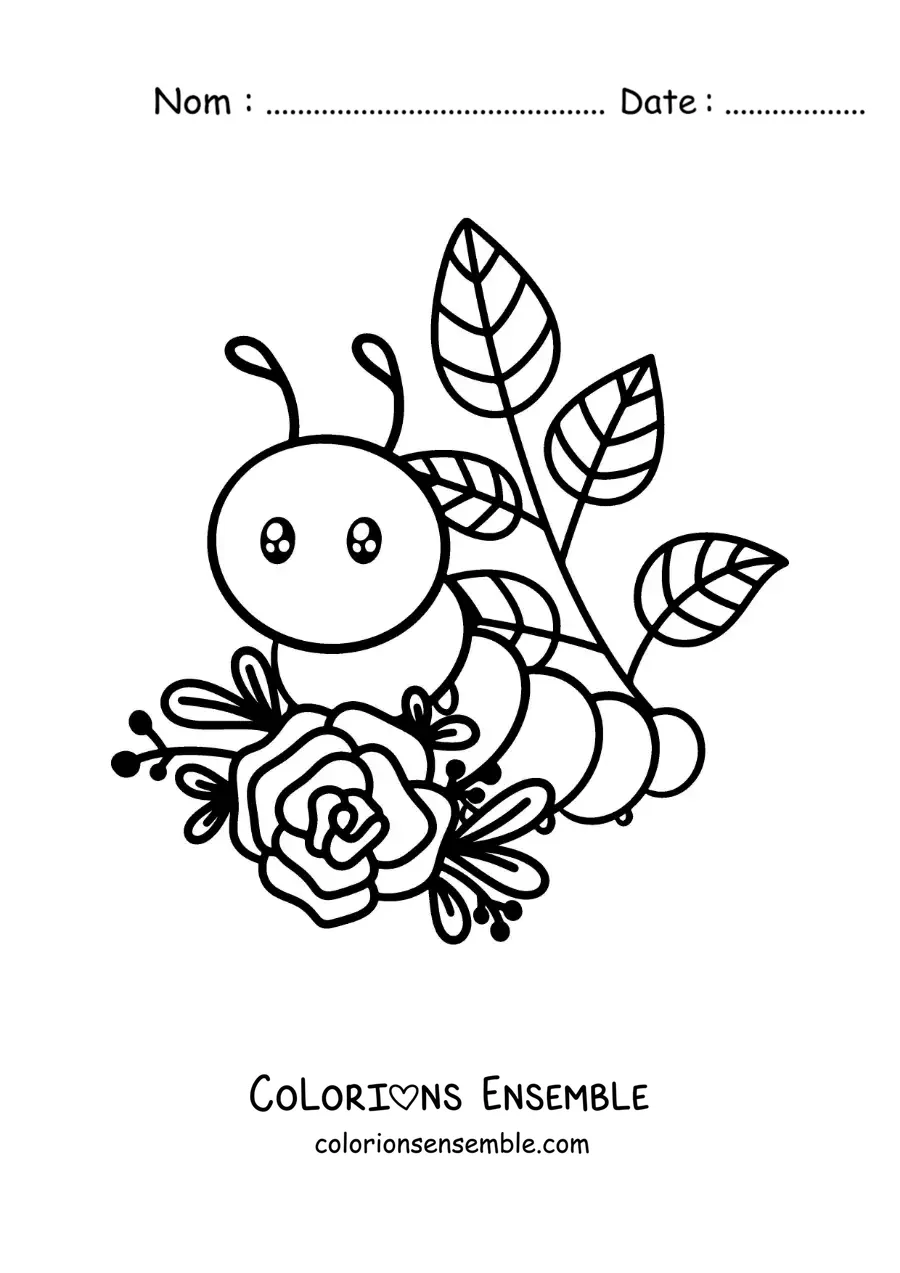 Image à colorier d’une chenille kawaii avec des feuilles et des fleurs