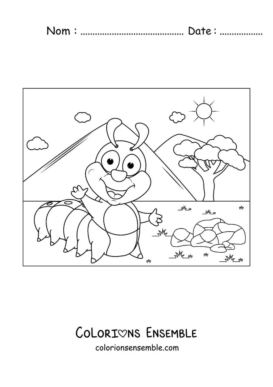 Image à colorier d’une chenille rigolote et souriante dans la campagne