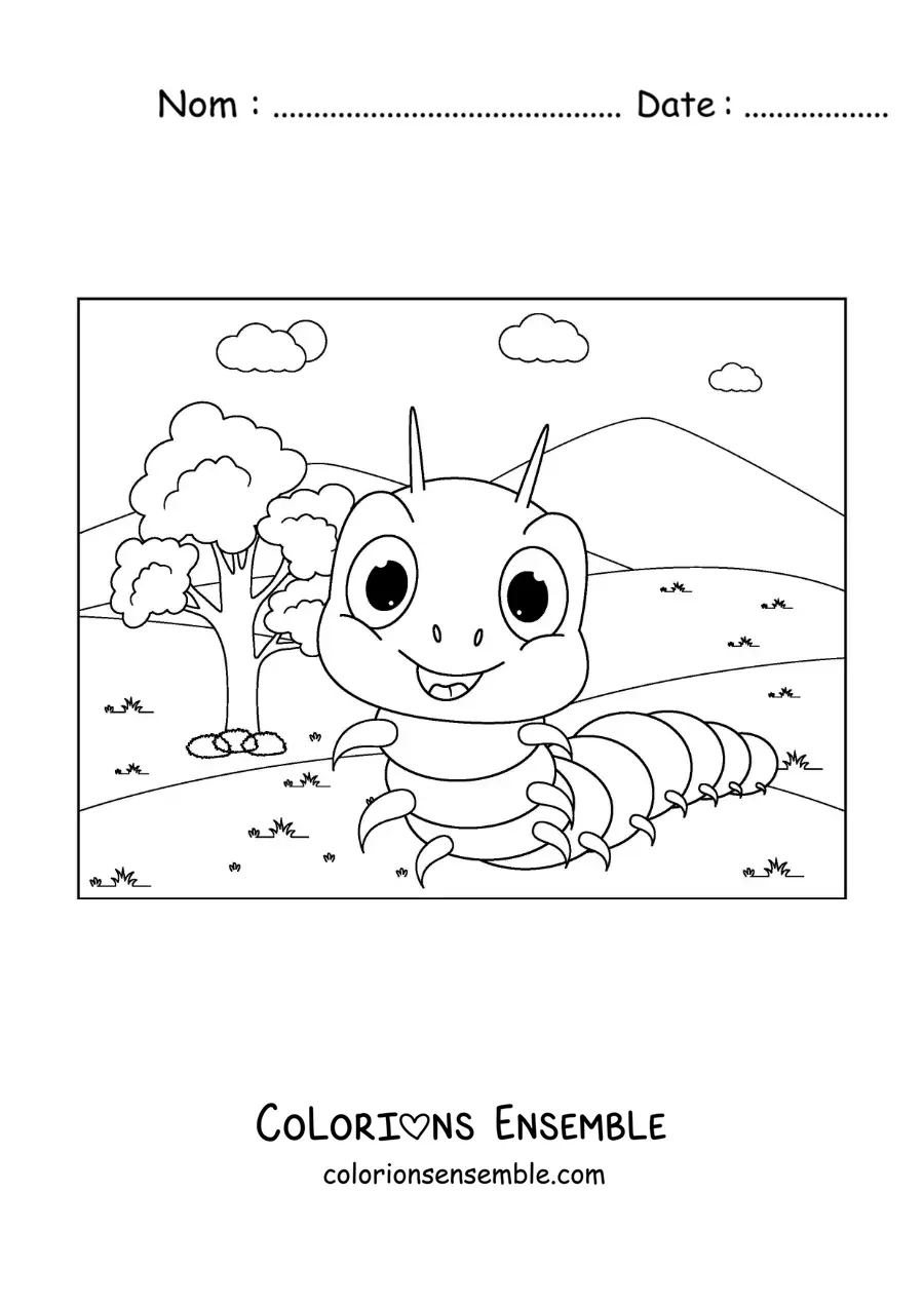 Image à colorier d’une chenille rigolote et heureuse dans le parc