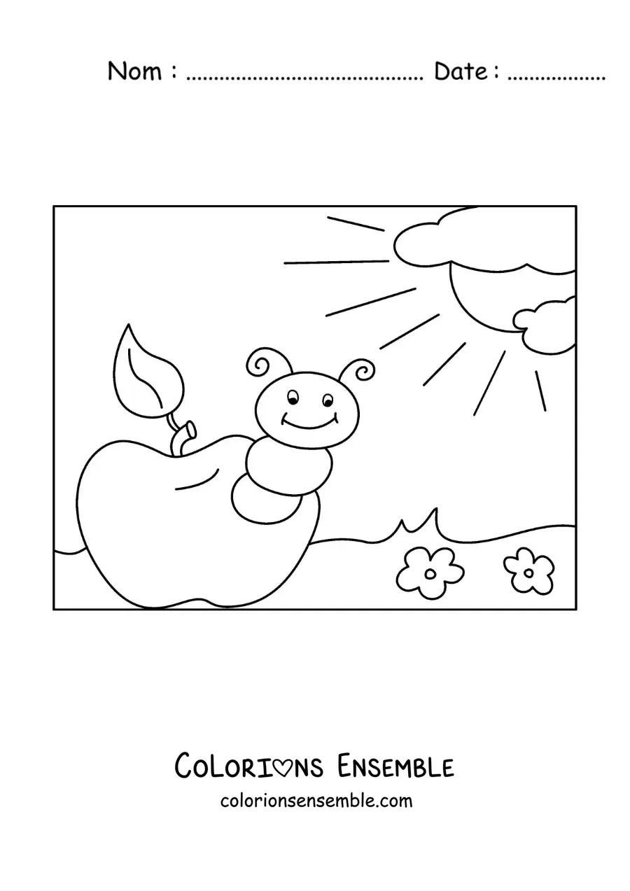 Image à colorier d’une chenille rigolote sur une pomme
