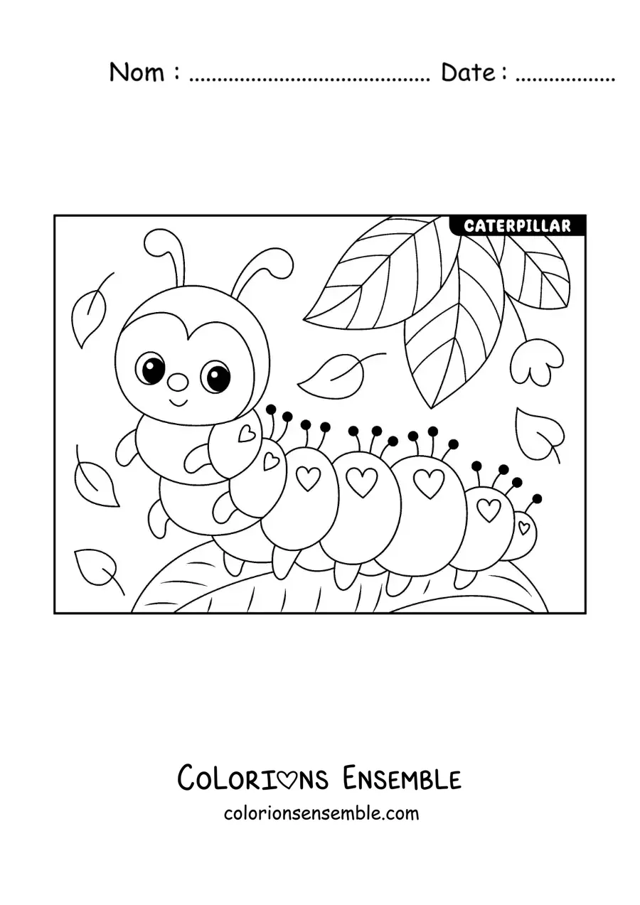 Image à colorier d’une jolie chenille rigolote sur une feuille