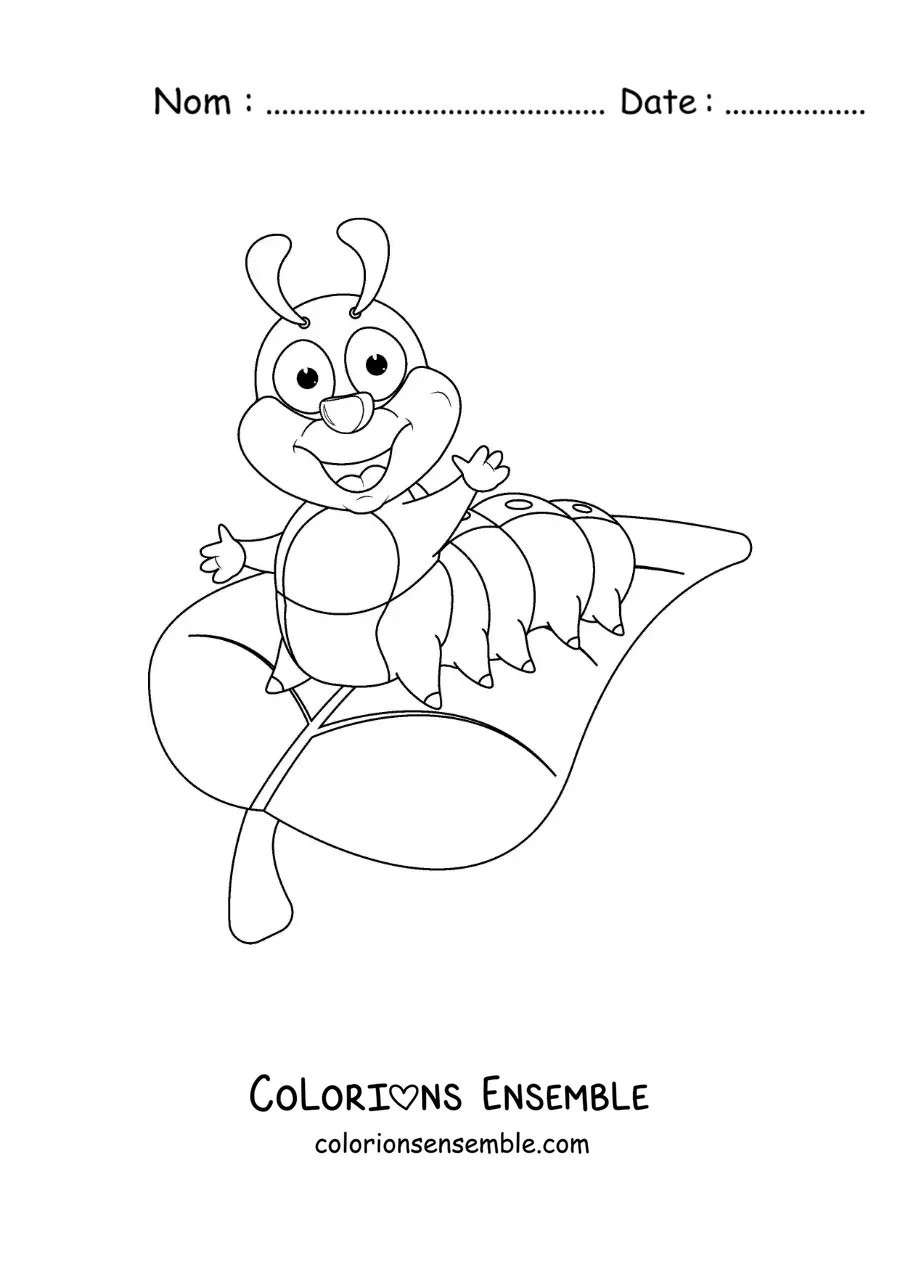 Image à colorier d’une chenille souriante sur une feuille en dessin animé
