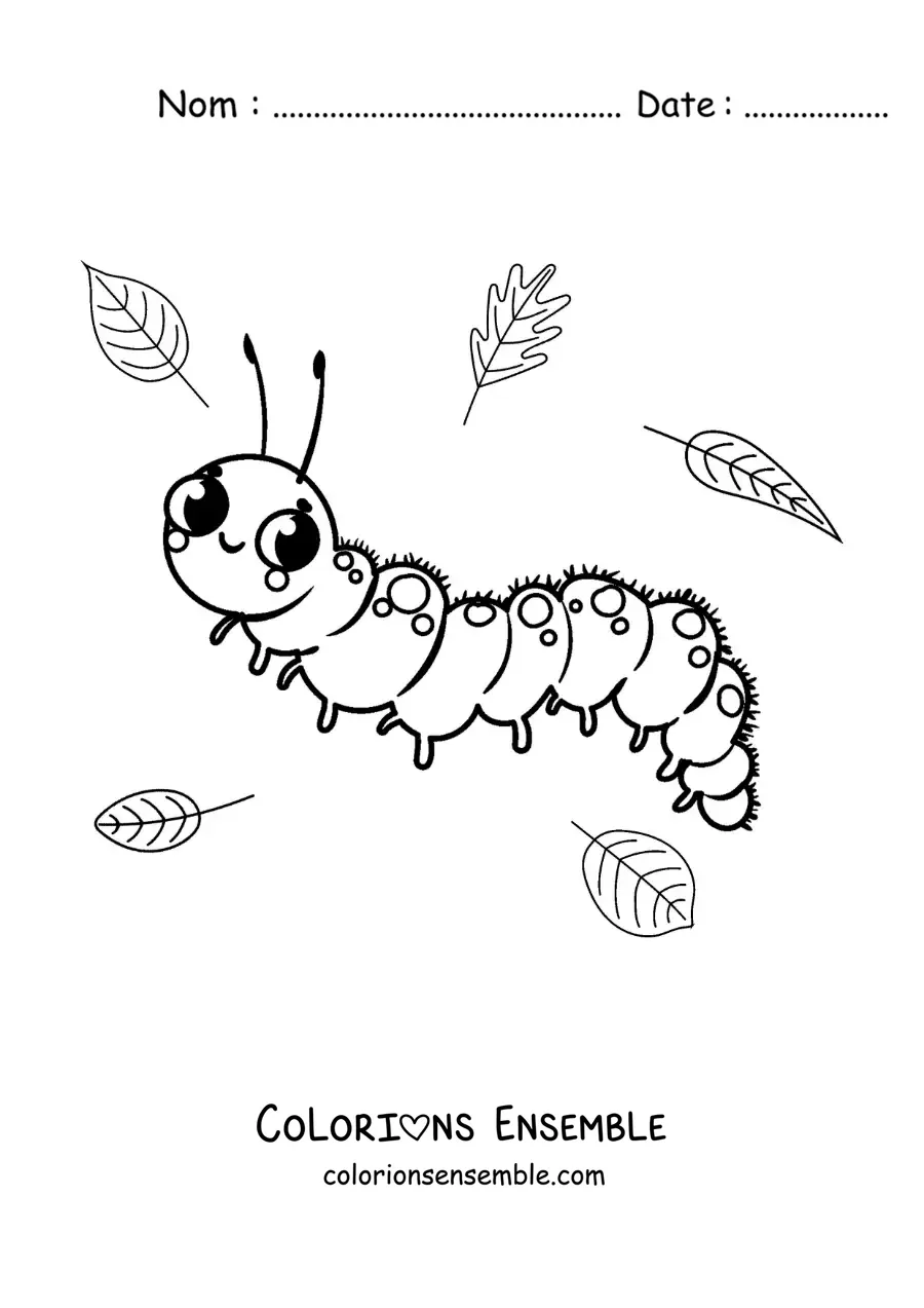 Image à colorier d’une jolie chenille pour enfants avec des feuilles