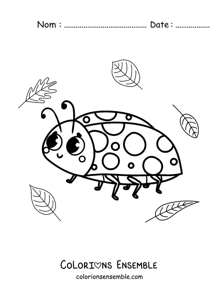 Image à colorier d’une coccinelle kawaii avec des feuilles
