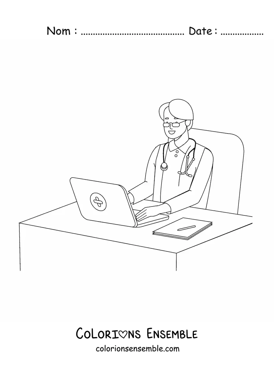 Image à colorier d’un médecin assis à un bureau dans un cabinet