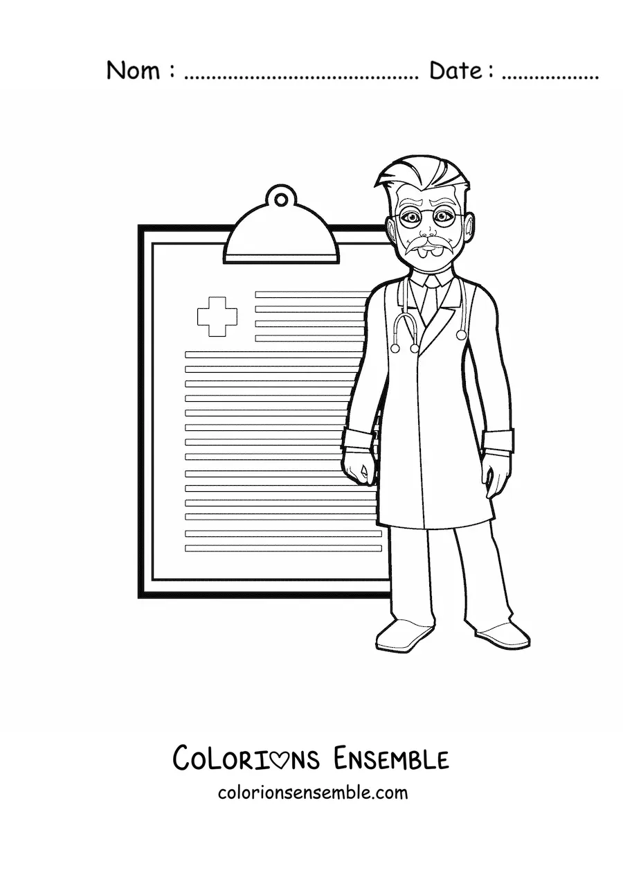 Image à colorier d’un médecin à côté d’une ordonnance médicale