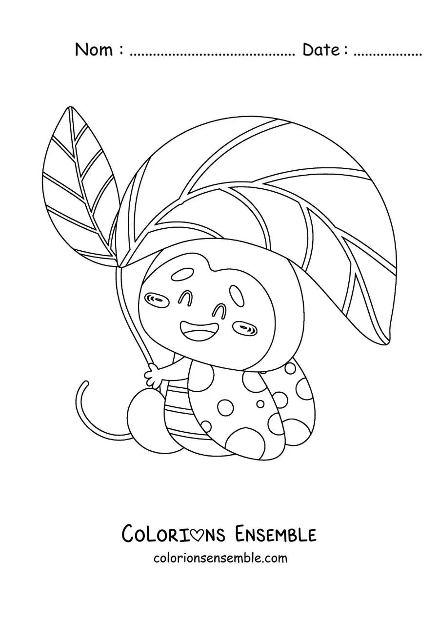 Image à colorier d’une coccinelle rigolote avec une feuille