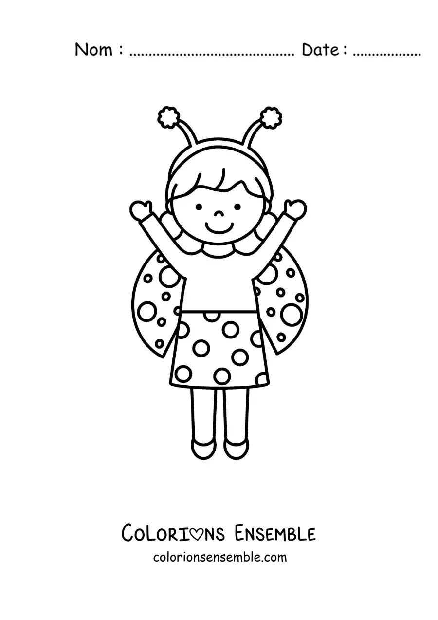 Image à colorier d’une petite fille déguisée en coccinelle