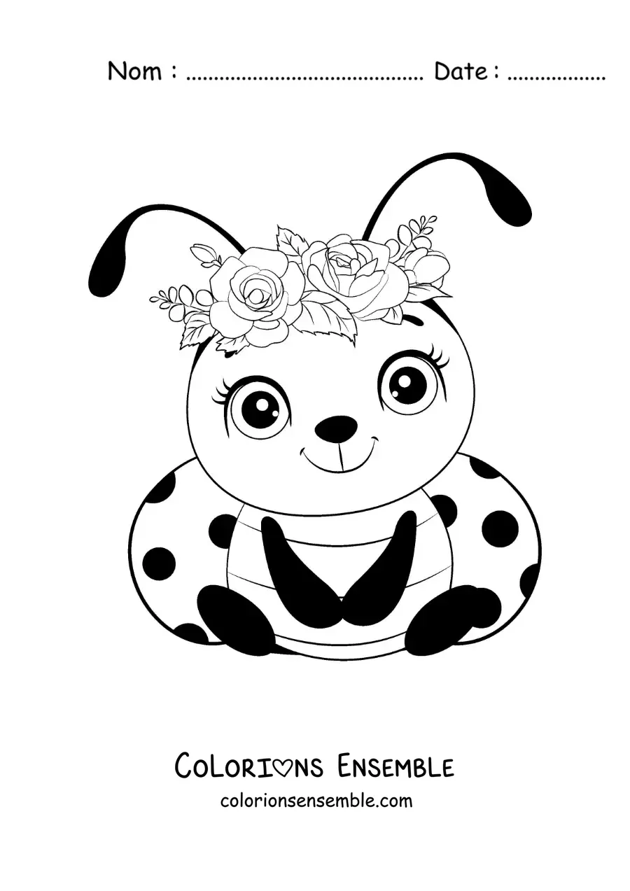 Image à colorier d’un mignon bébé coccinelle avec des fleurs