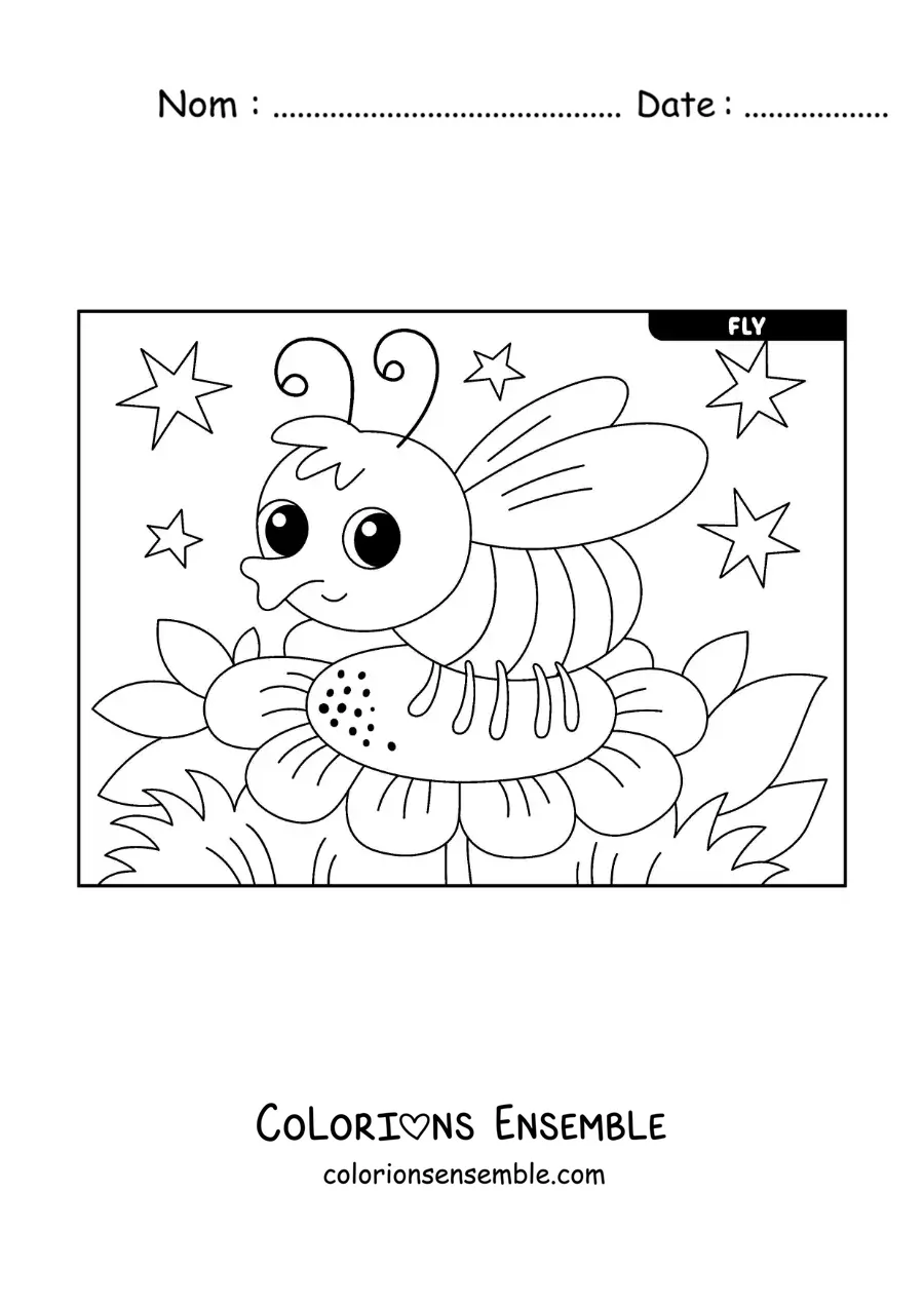 Image à colorier d’une mouche domestique rigolote sur une fleur