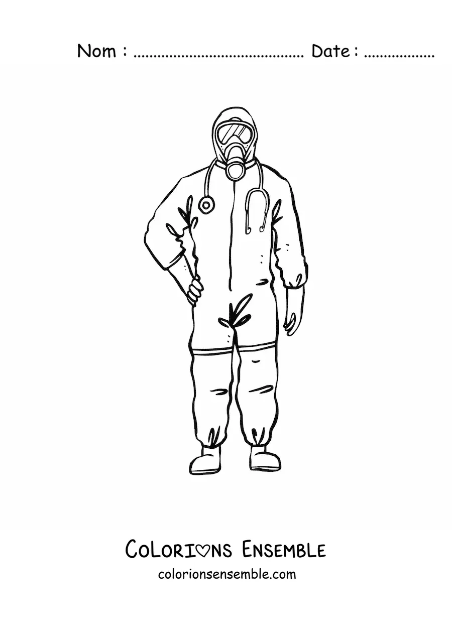 Image à colorier d’un membre du personnel médical en combinaison de protection