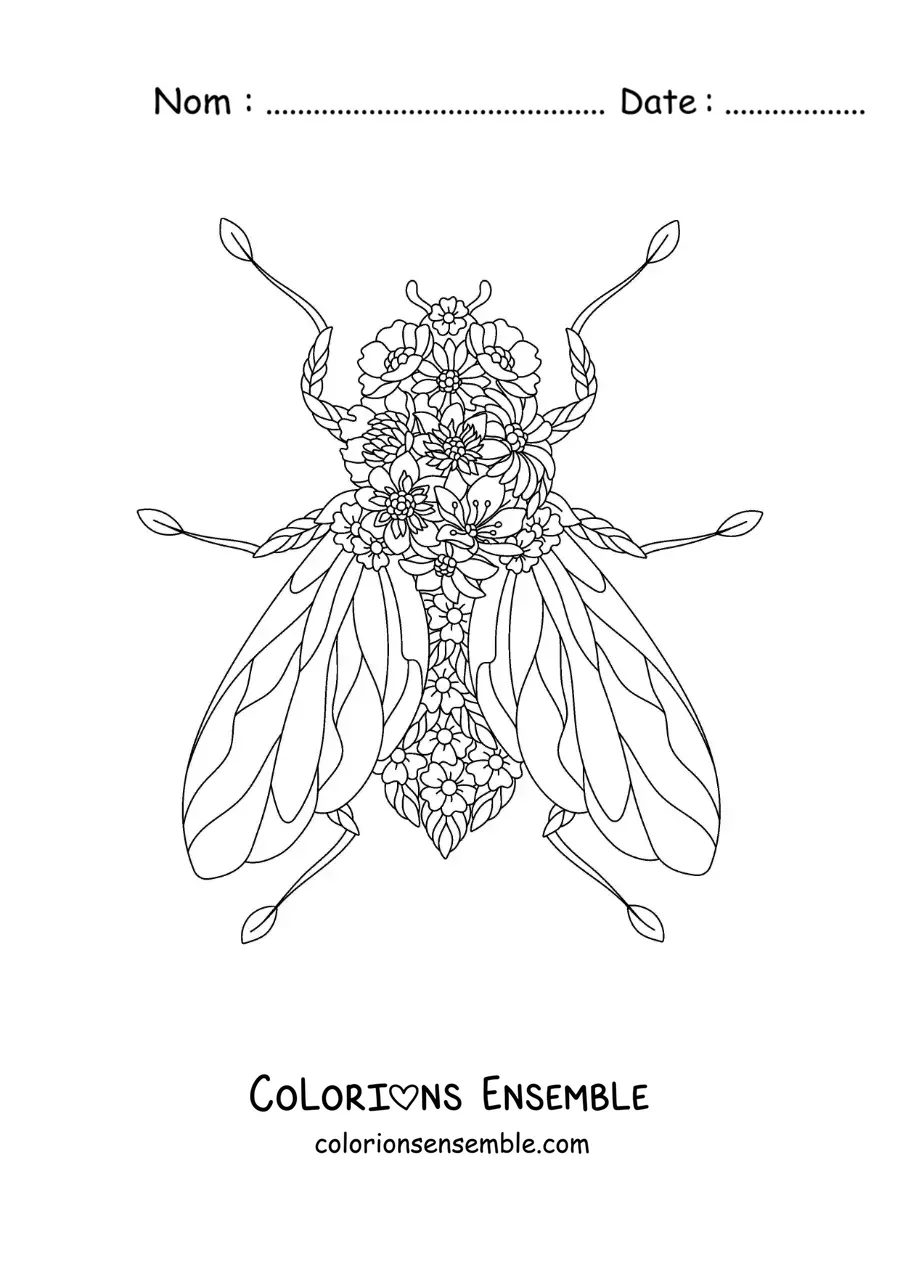 Image à colorier d’une mouche avec des fleurs
