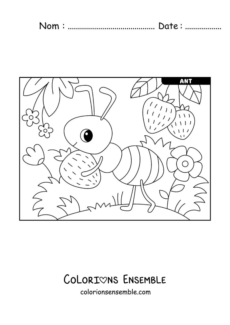Image à colorier d’une fourmi kawaii qui ramasse des fraises