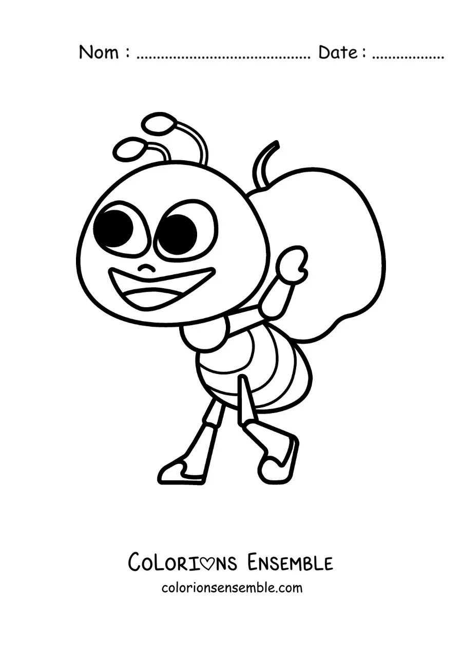 Image à colorier d’une fourmi rigolote qui récolte de la nourriture