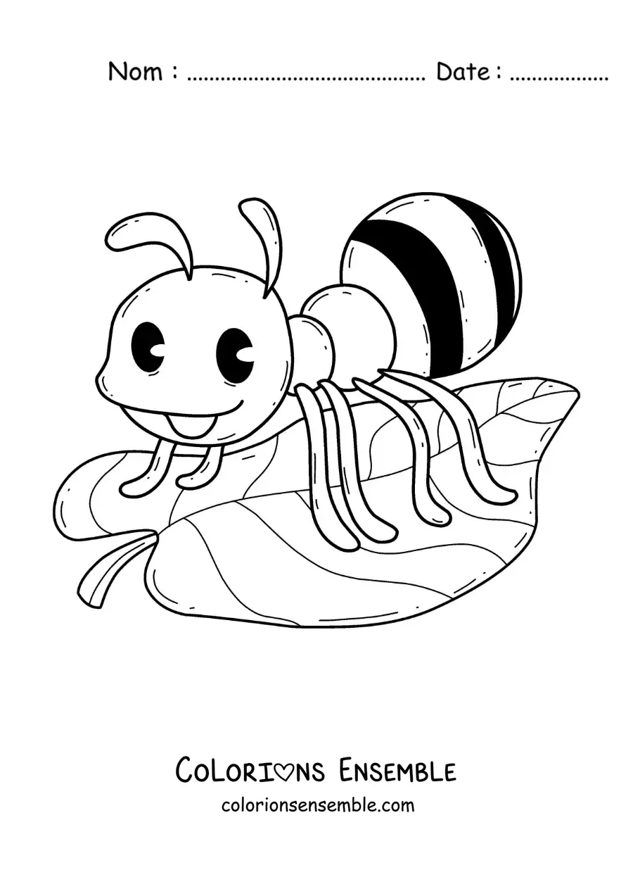 Image à colorier d’une fourmi animée sur une feuille