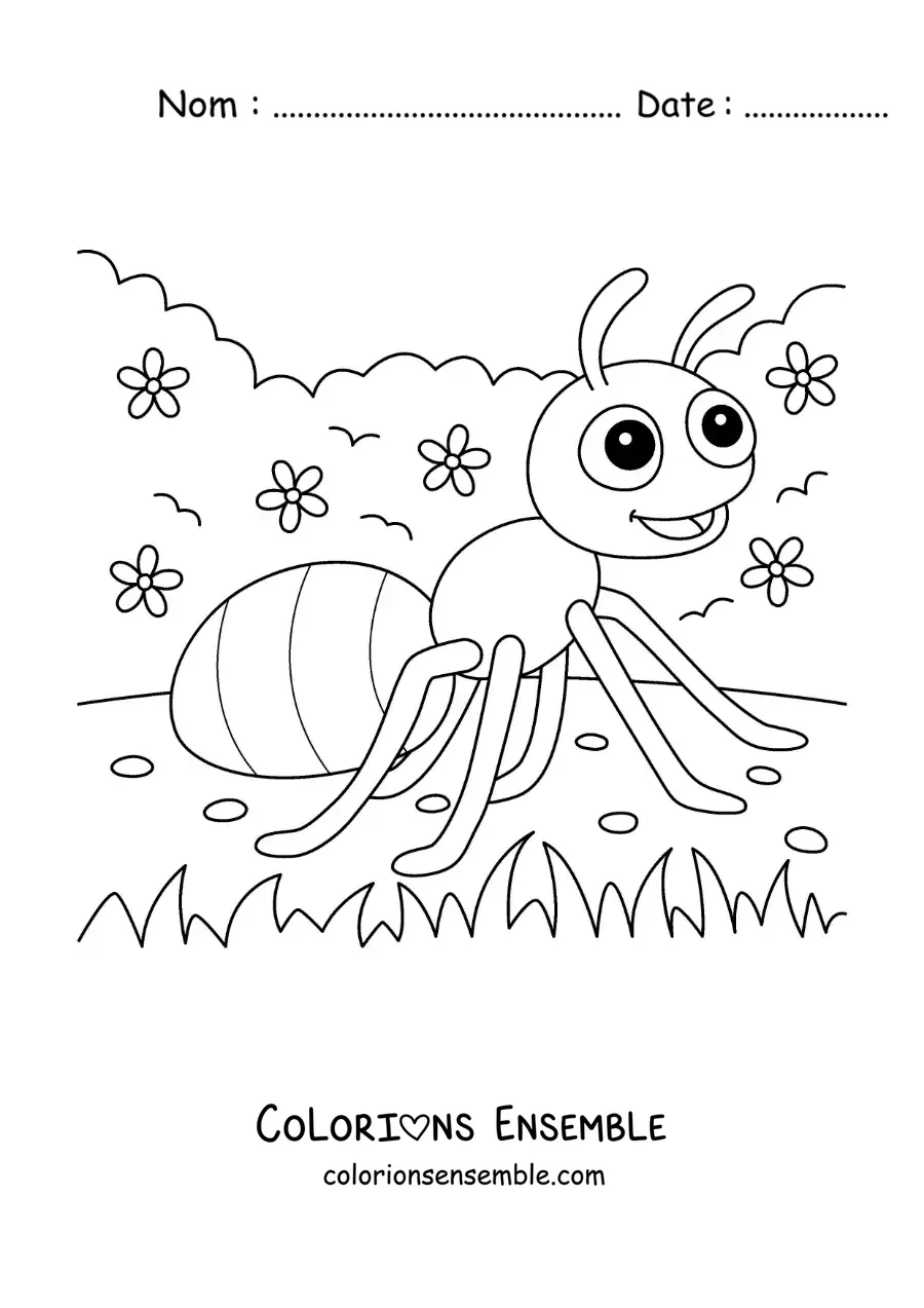 Image à colorier d’une fourmi animée dans un jardin