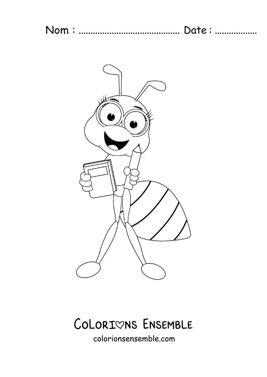 Image à colorier d’une fourmi studieuse animée
