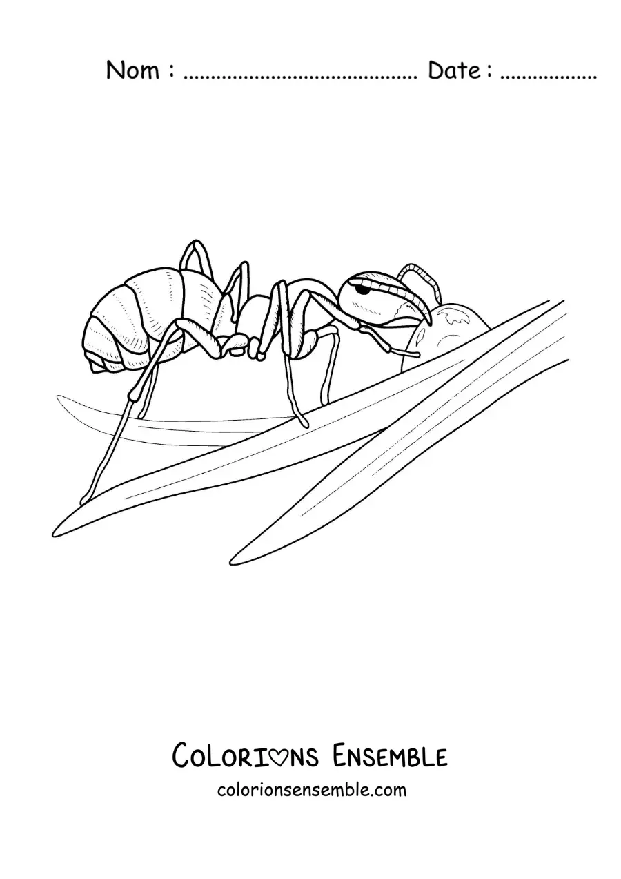 Image à colorier d’une fourmi qui travaille sur une feuille