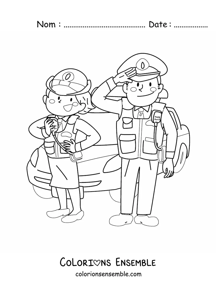 Image à colorier de deux policiers à côté d’une voiture de patrouille