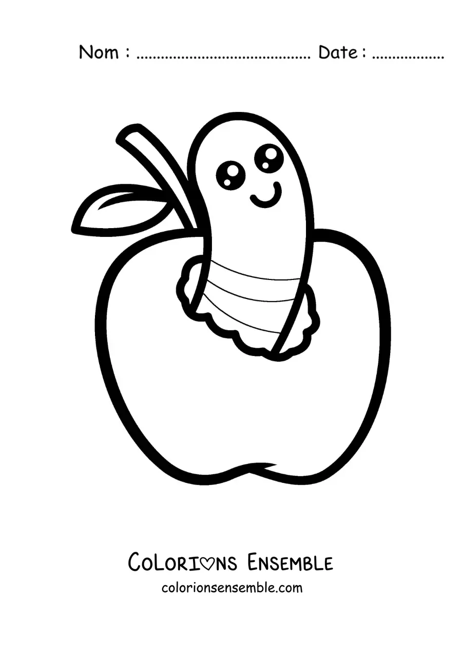 Image à colorier d’un petit ver kawaii sur une pomme