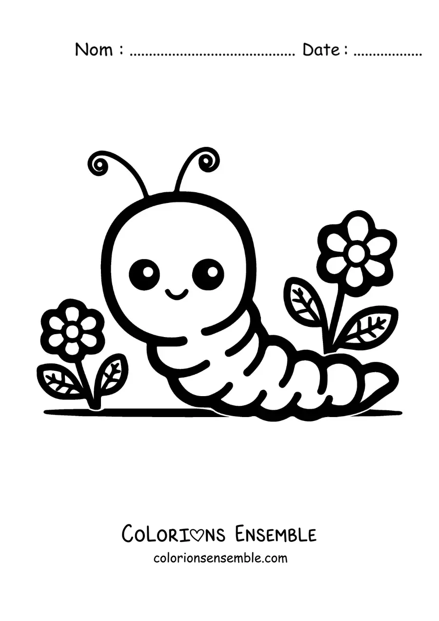 Image à colorier d’un ver de terre kawaii animé avec des fleurs
