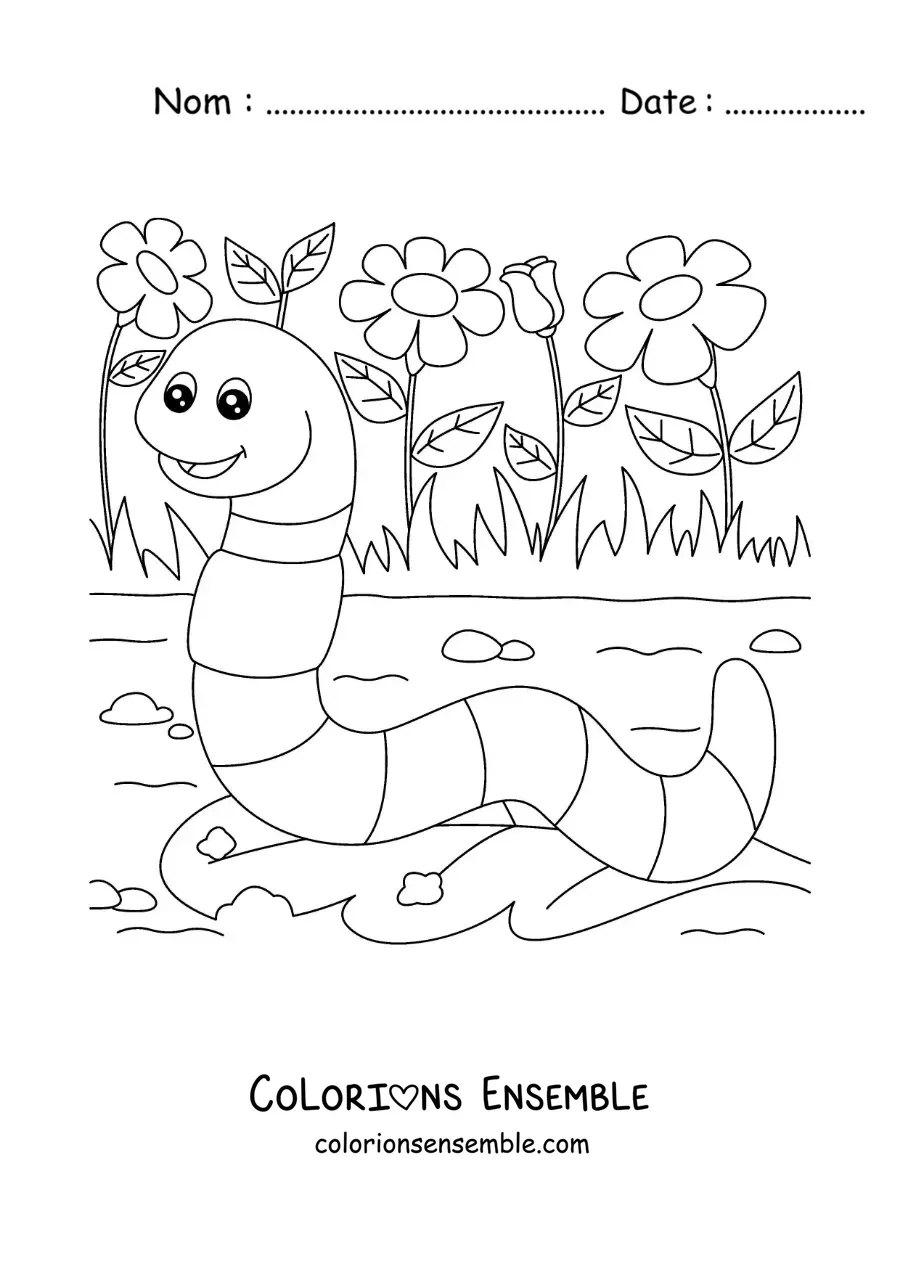 Image à colorier d’un ver de terre animé qui mange une feuille