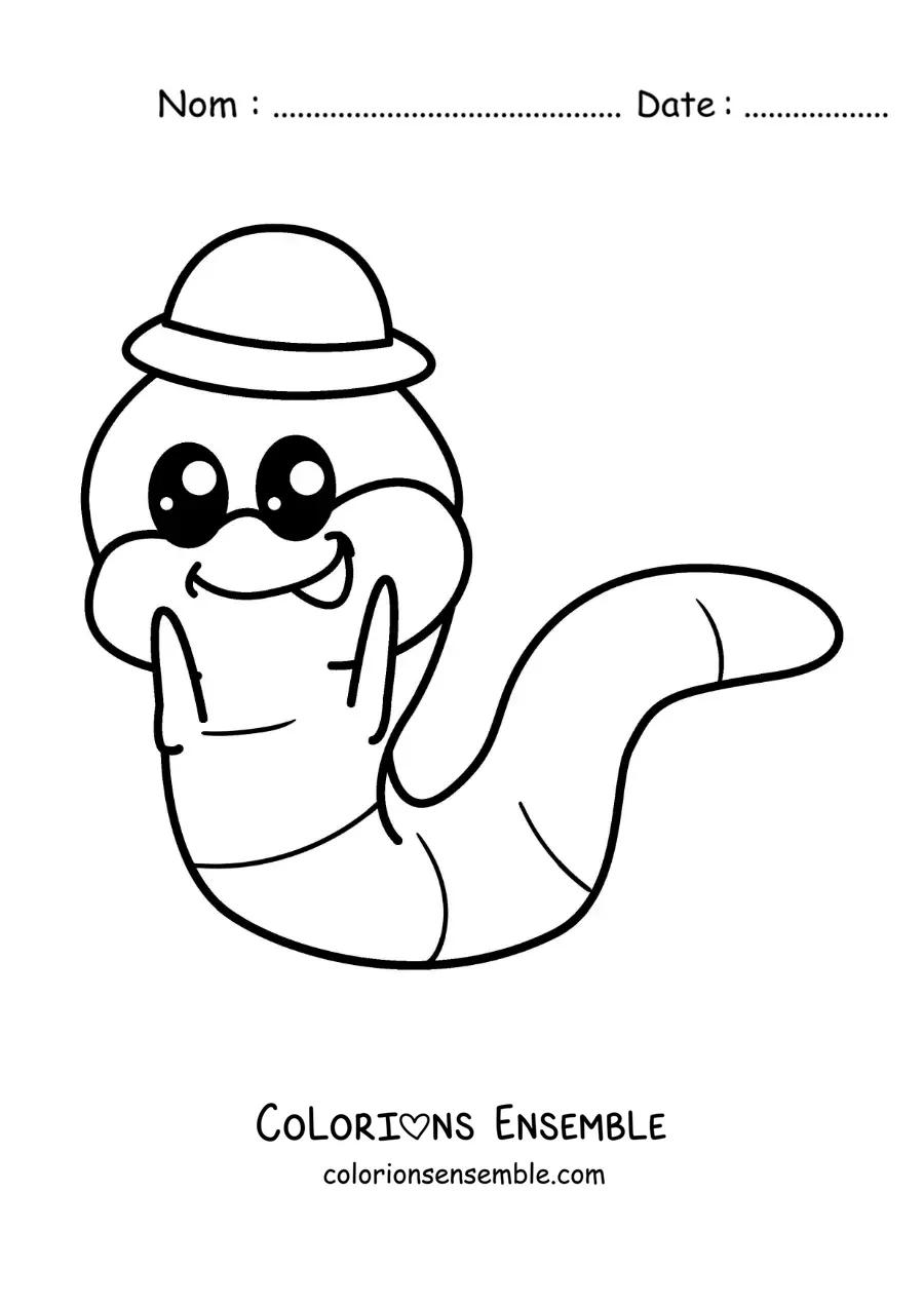 Image à colorier d’un ver de terre rigolo kawaii avec un chapeau