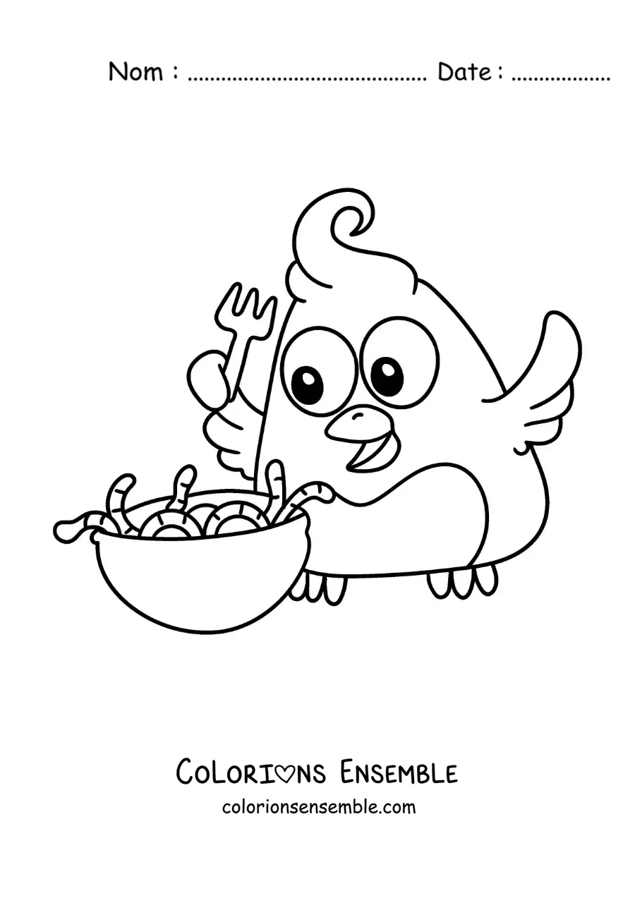 Image à colorier d’un oiseau animé qui mange une assiette de vers