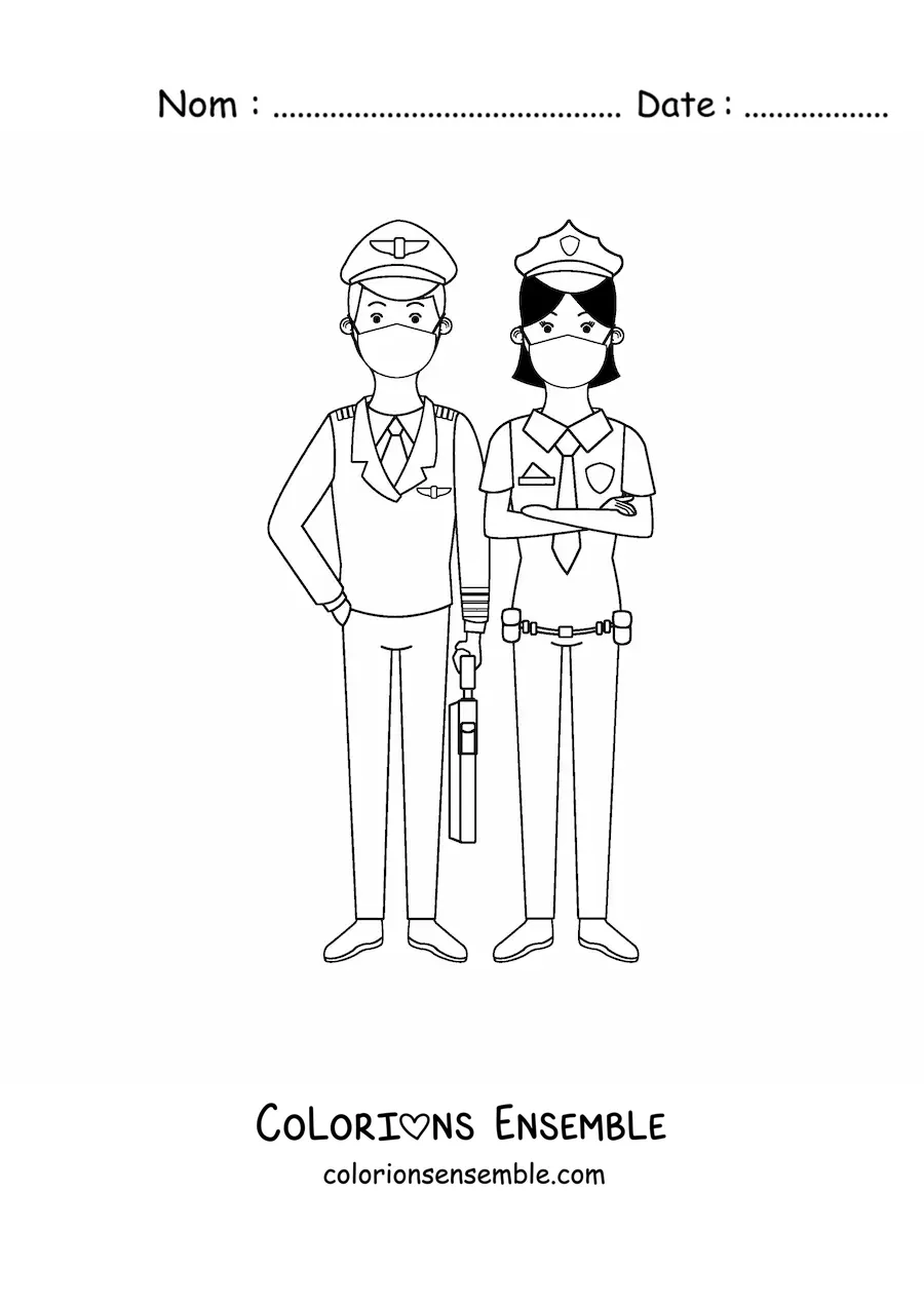 Image à colorier d’un couple de policiers avec des masques