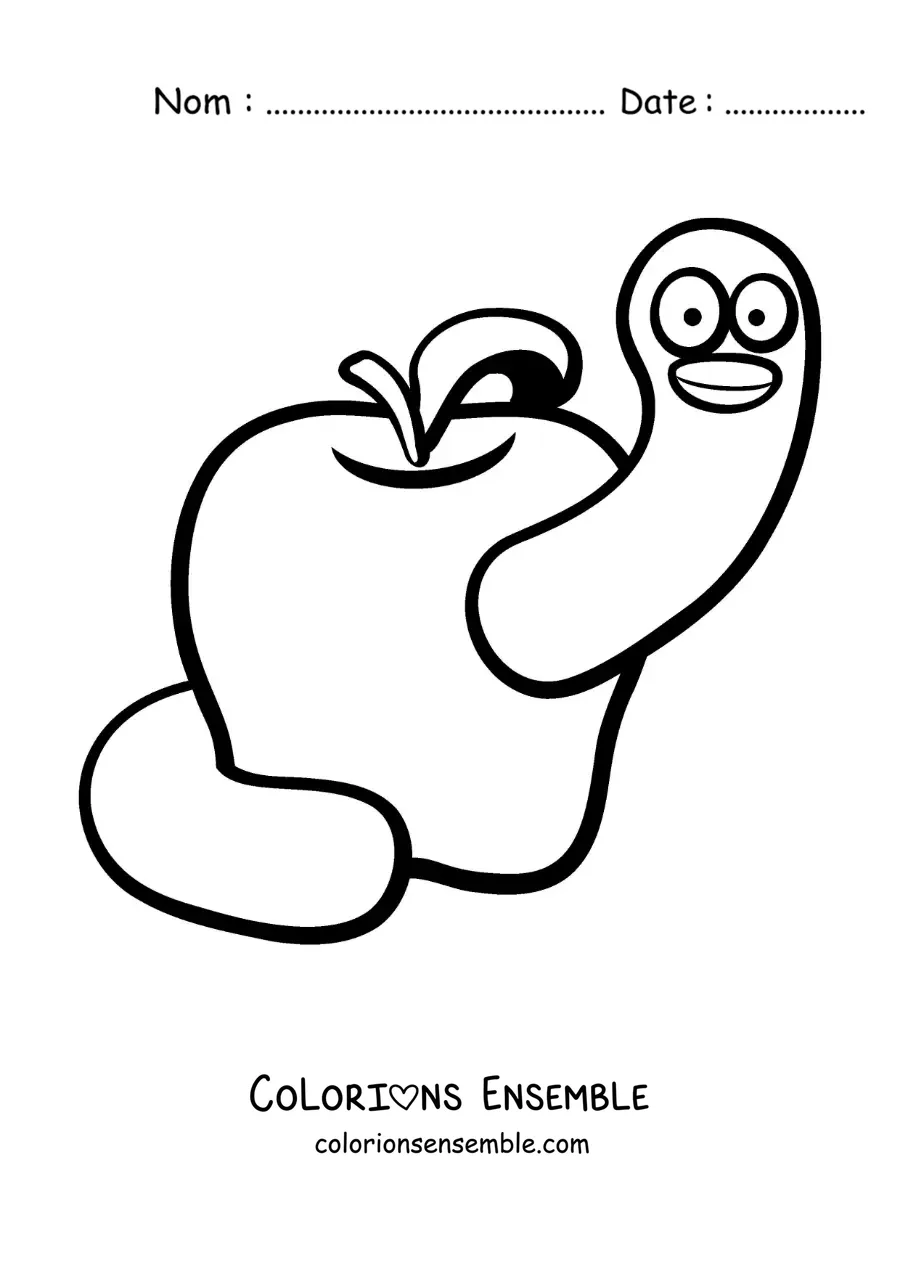 Image à colorier d’un dessin de ver animé dans une pomme