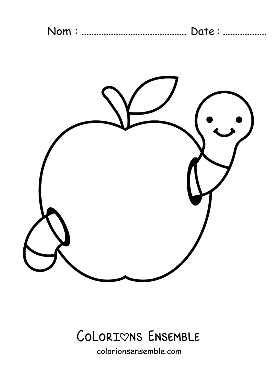 Image à colorier d’un ver animé facile dans une pomme