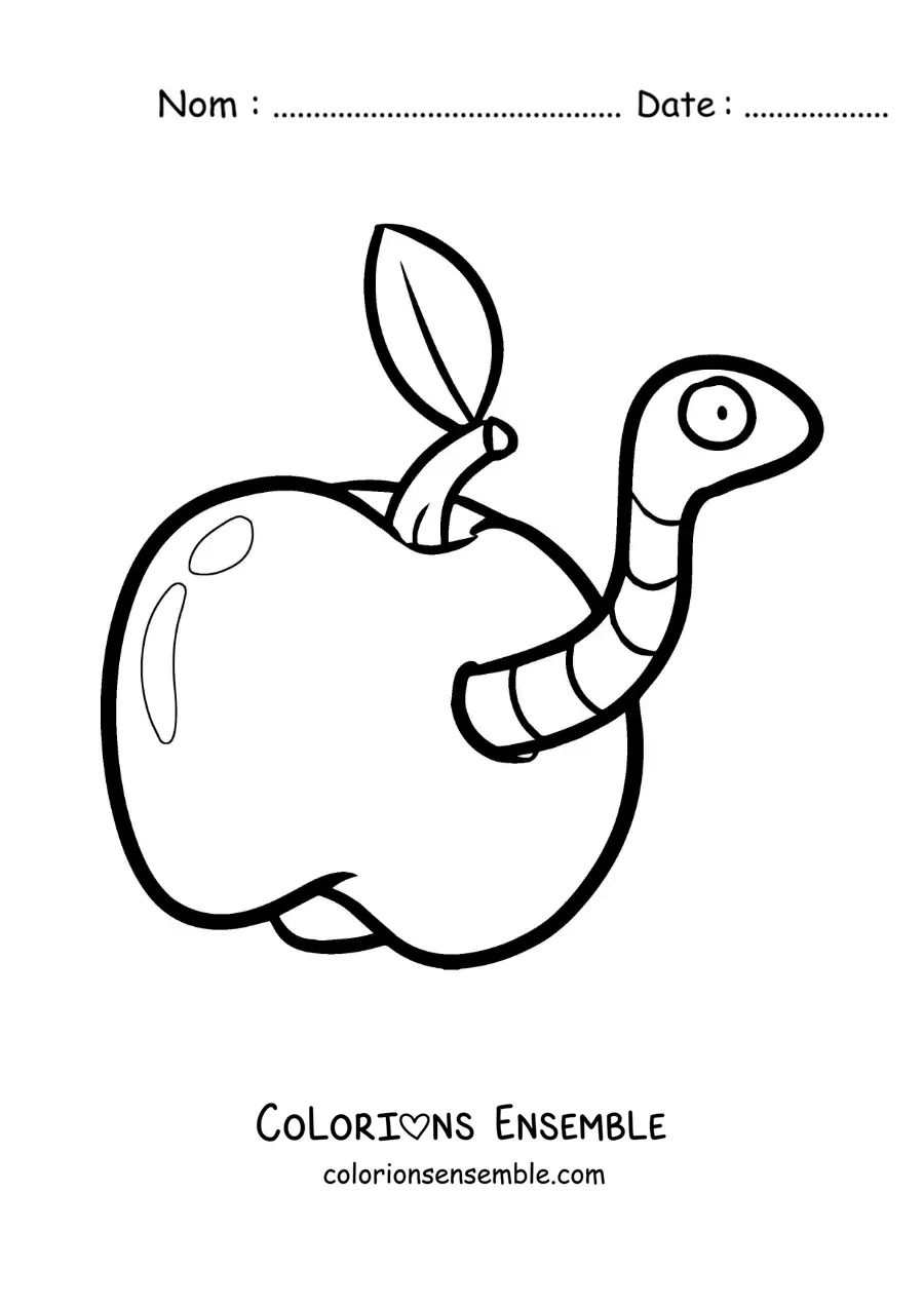 Image à colorier d’un ver rigolo animé dans une pomme