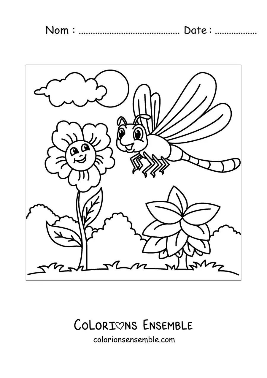 Image à colorier d’une libellule animée à côté de quelques fleurs