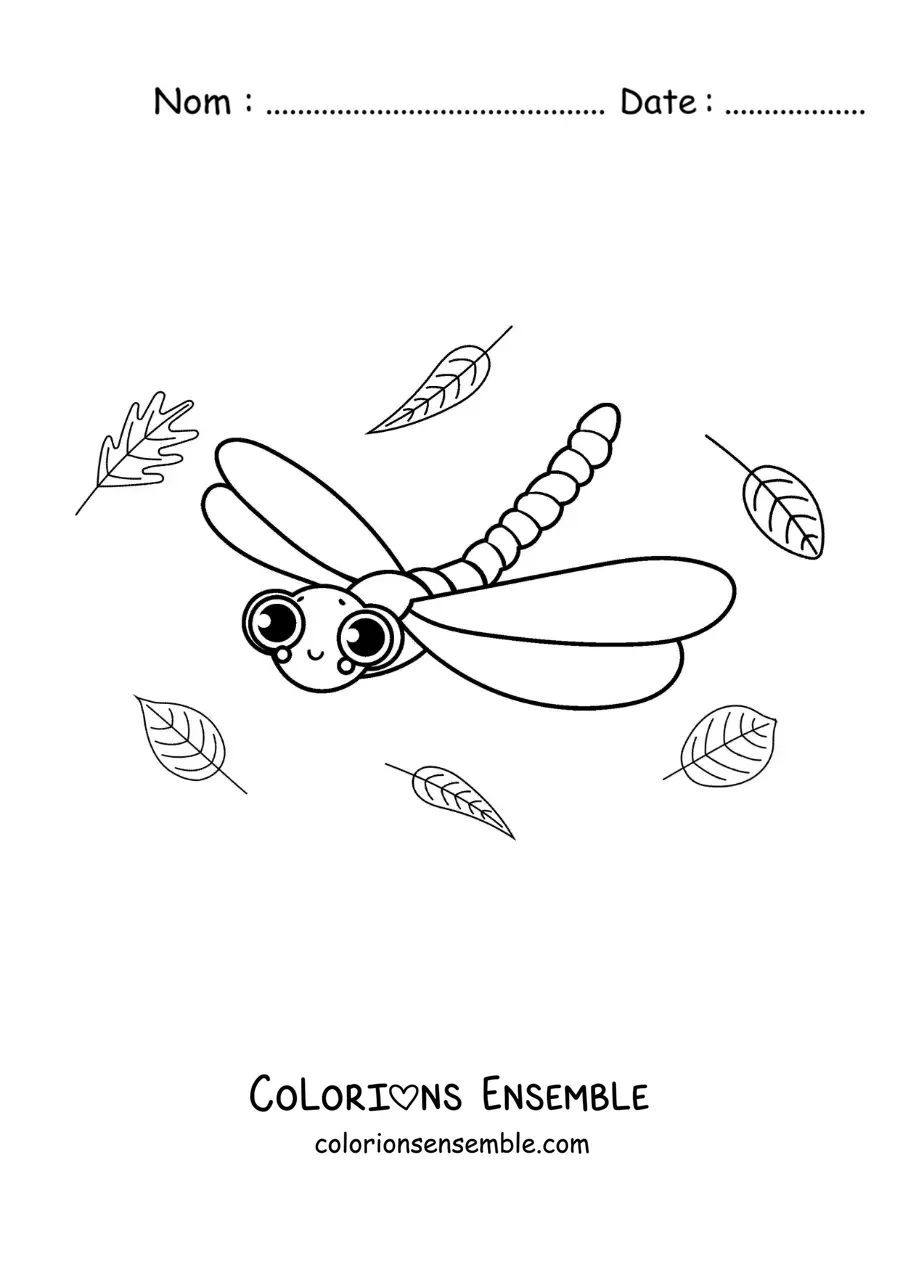 Image à colorier d’une belle libellule animée qui vole avec des feuilles
