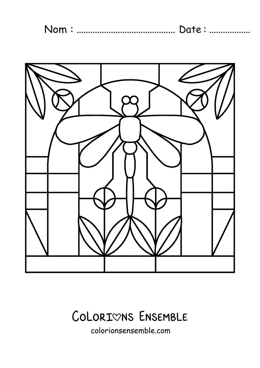 Image à colorier d’un vitrail avec une libellule et des fleurs