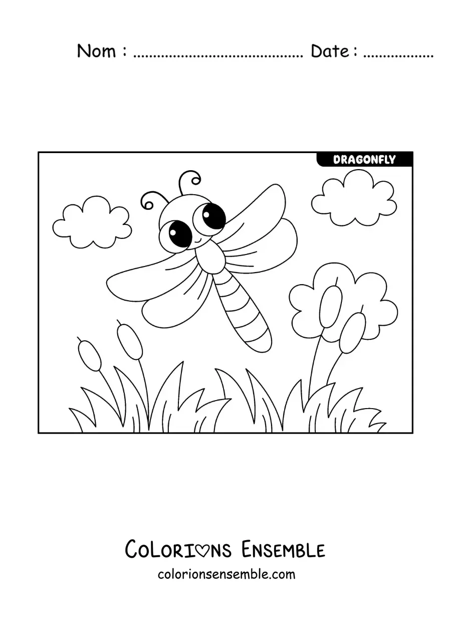 Image à colorier d’une libellule kawaii qui vole dans un jardin