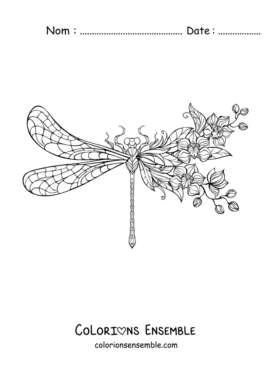 Image à colorier d’une belle libellule avec des fleurs