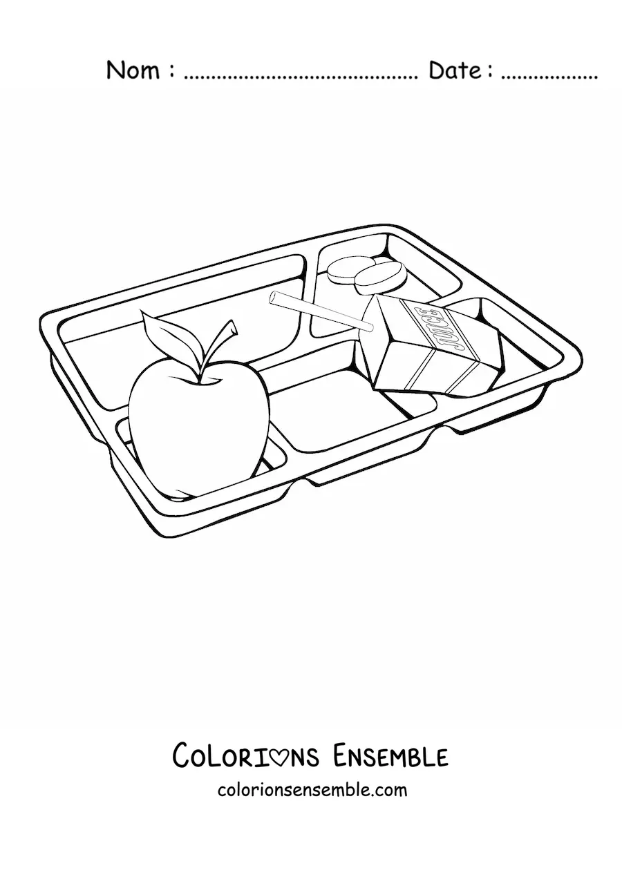 Image à colorier d’un plateau-repas d’école avec une pomme et une brique de jus