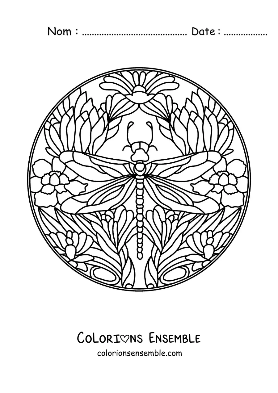 Image à colorier d’un mandala de libellule avec des fleurs