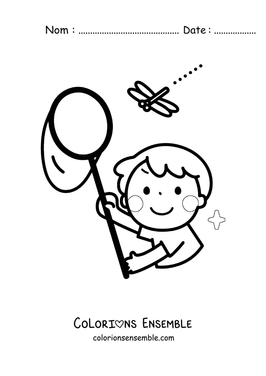 Image à colorier d’un garçon qui attrape une libellule avec un filet