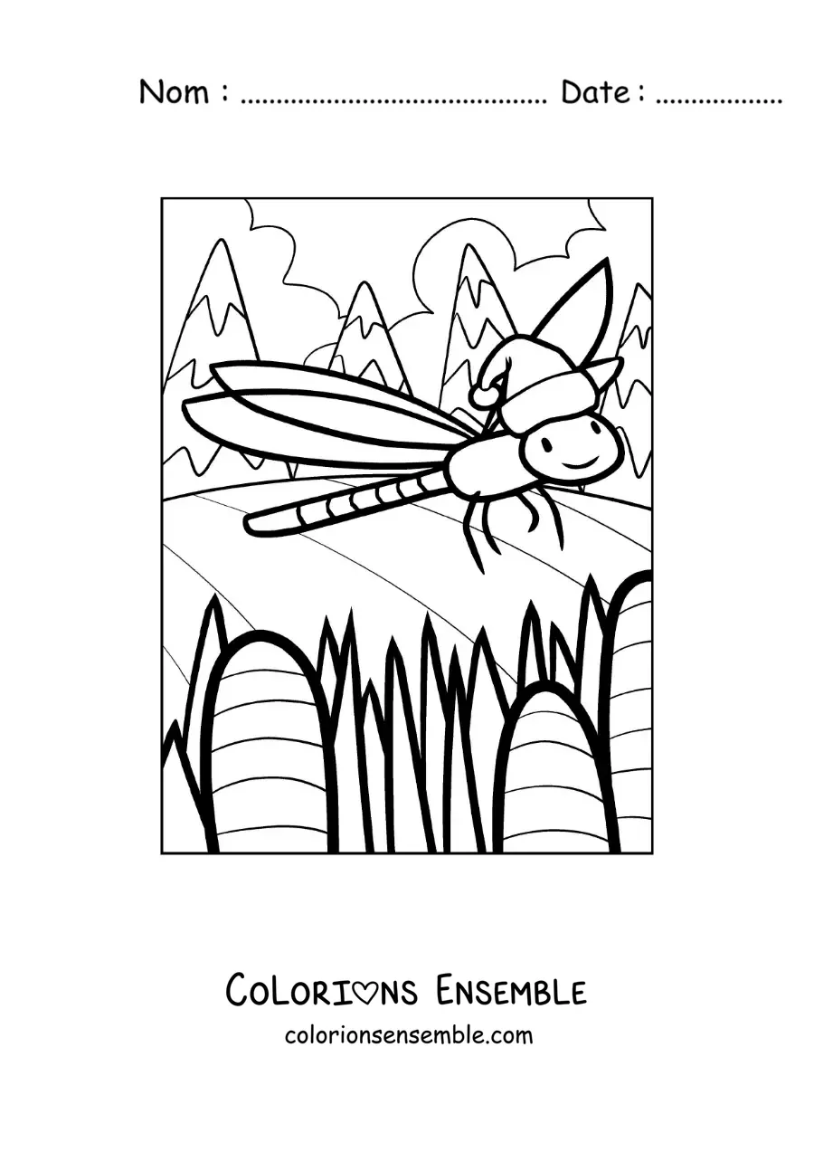 Image à colorier d’une libellule animée avec un bonnet de Noël