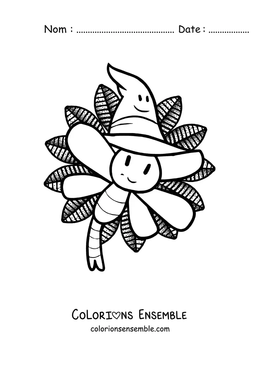 Image à colorier d’une libellule animée avec un chapeau d’Halloween