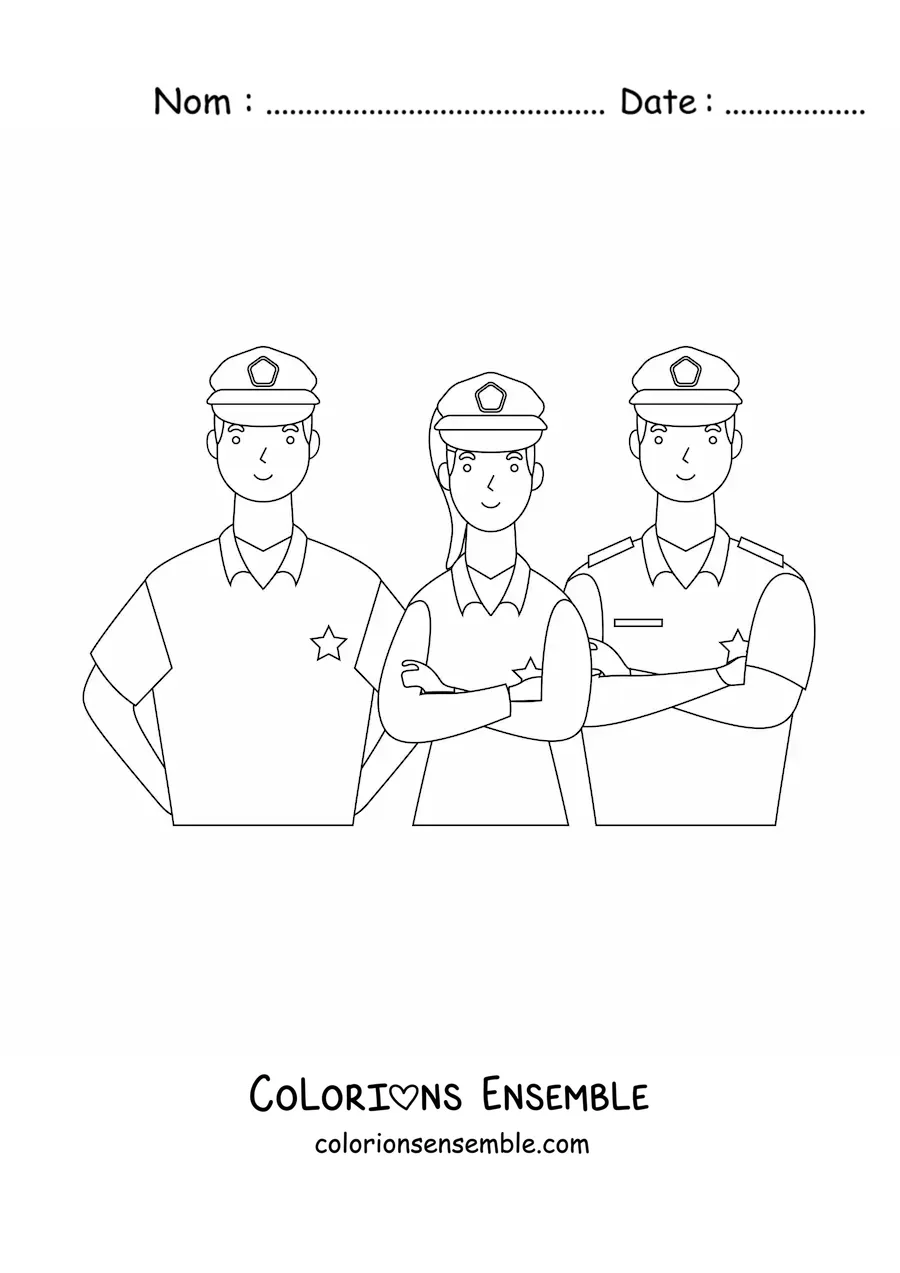 Image à colorier de trois policiers regardant devant eux