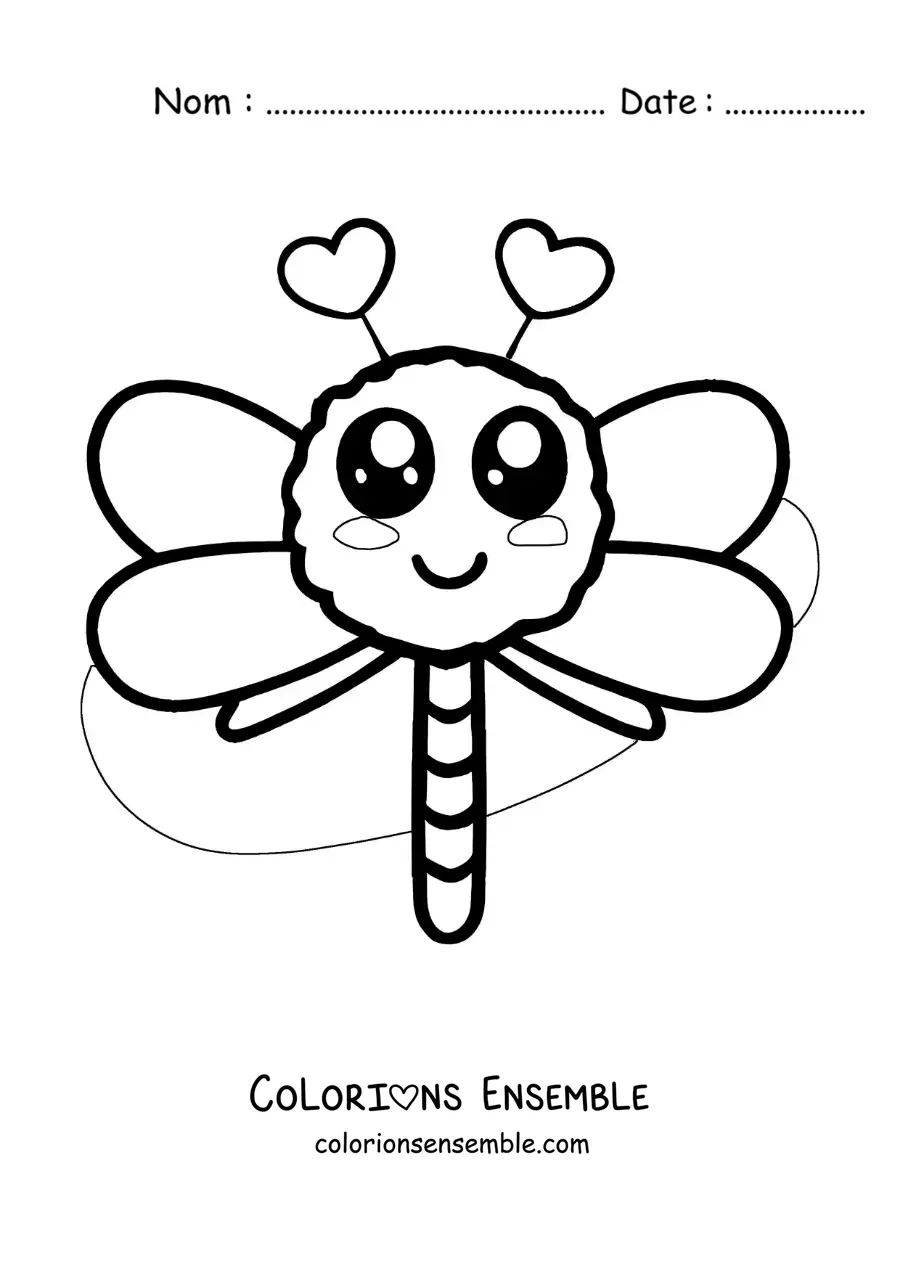 Image à colorier d’une libellule kawaii avec des cœurs