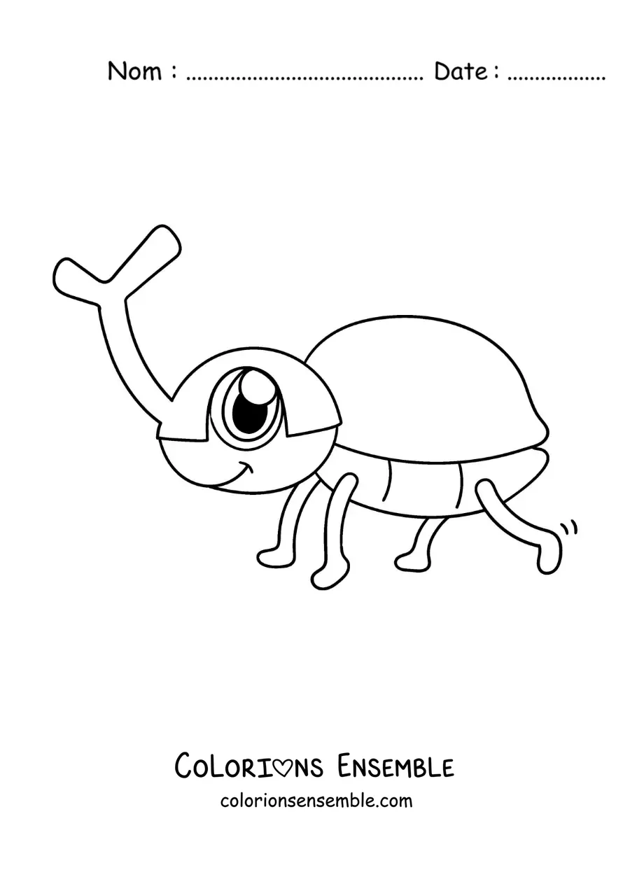 Image à colorier d’un scarabée rhinocéros kawaii animé