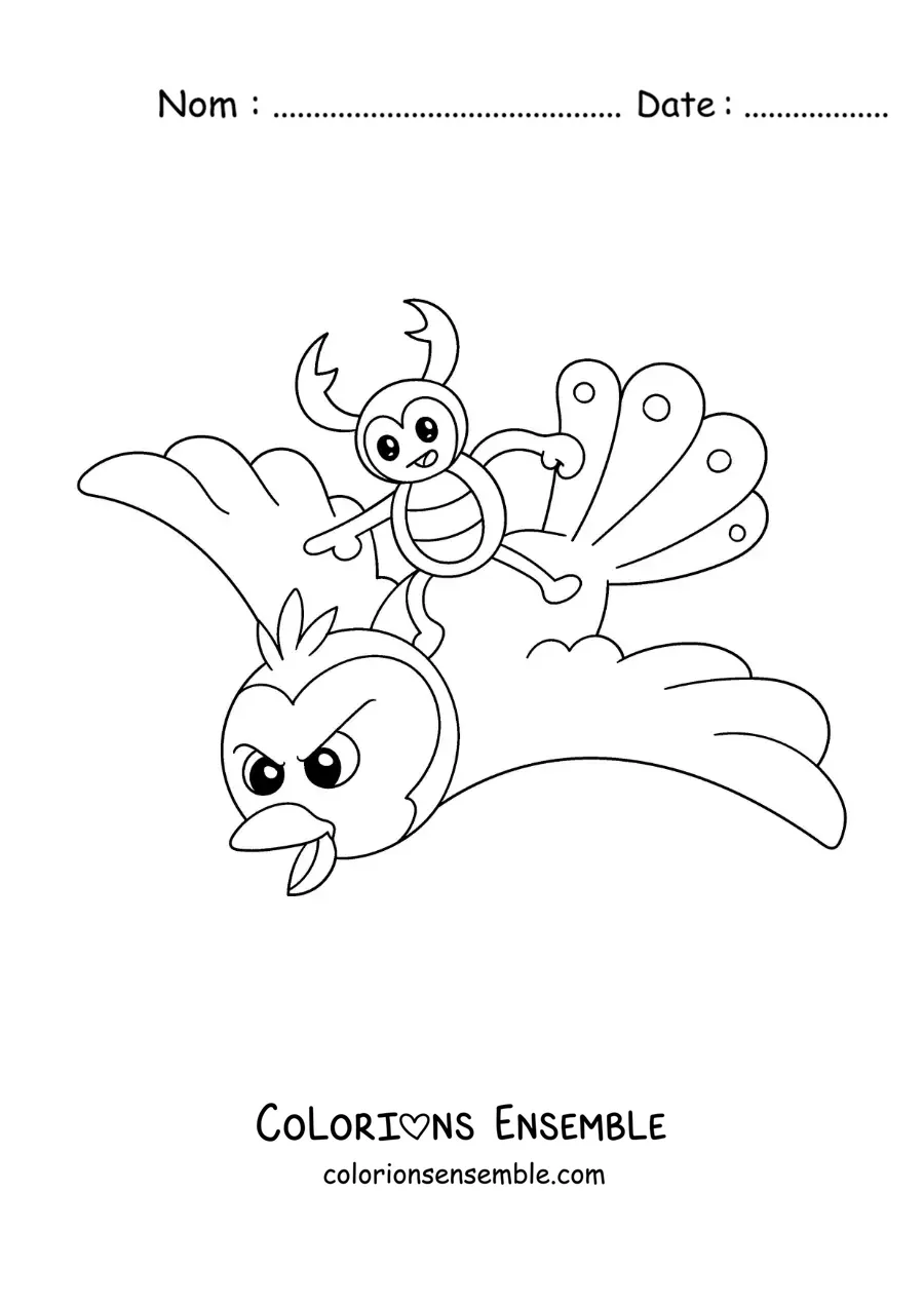 Image à colorier d’un lucane animé qui vole sur un oiseau