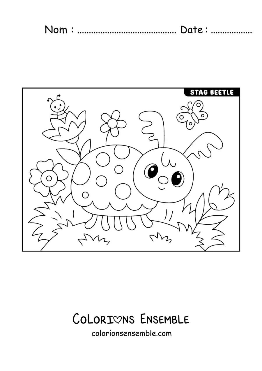 Image à colorier d’un lucane animé dans un jardin avec des fleurs