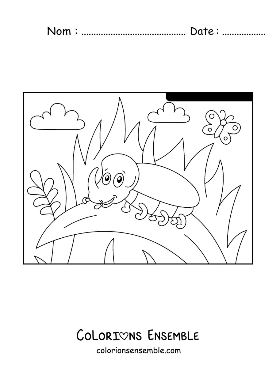 Image à colorier d’un scarabée rhinocéros animé dans un jardin