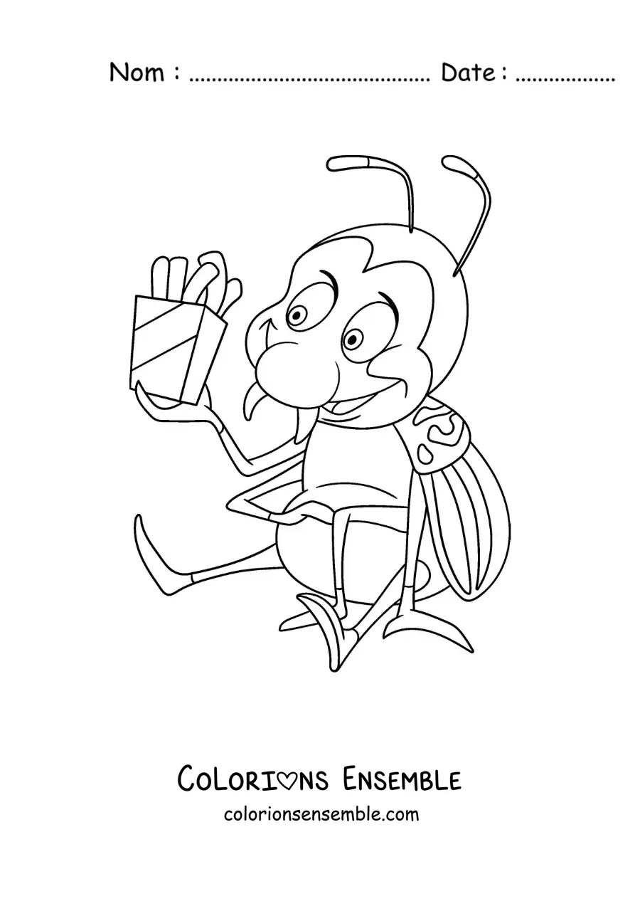 Image à colorier d’un doryphore animé qui mange des pommes de terre