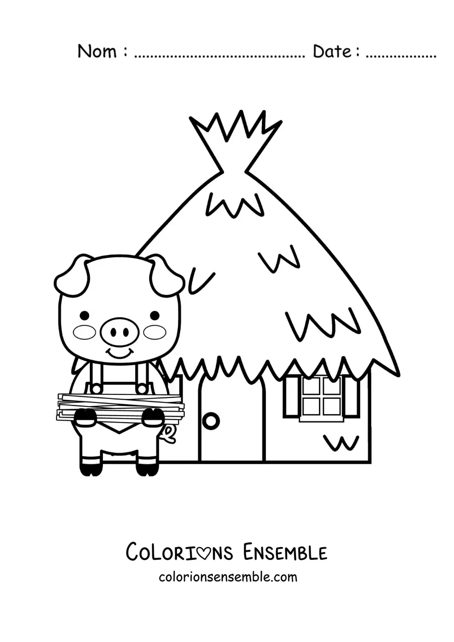 Image à colorier de l’un des trois petits cochons avec sa maison de paille